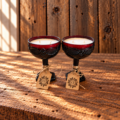 Pair Vintage Avon Ruby Red Glass Goblet Candles | Pine & Patchouli | 5.5oz each