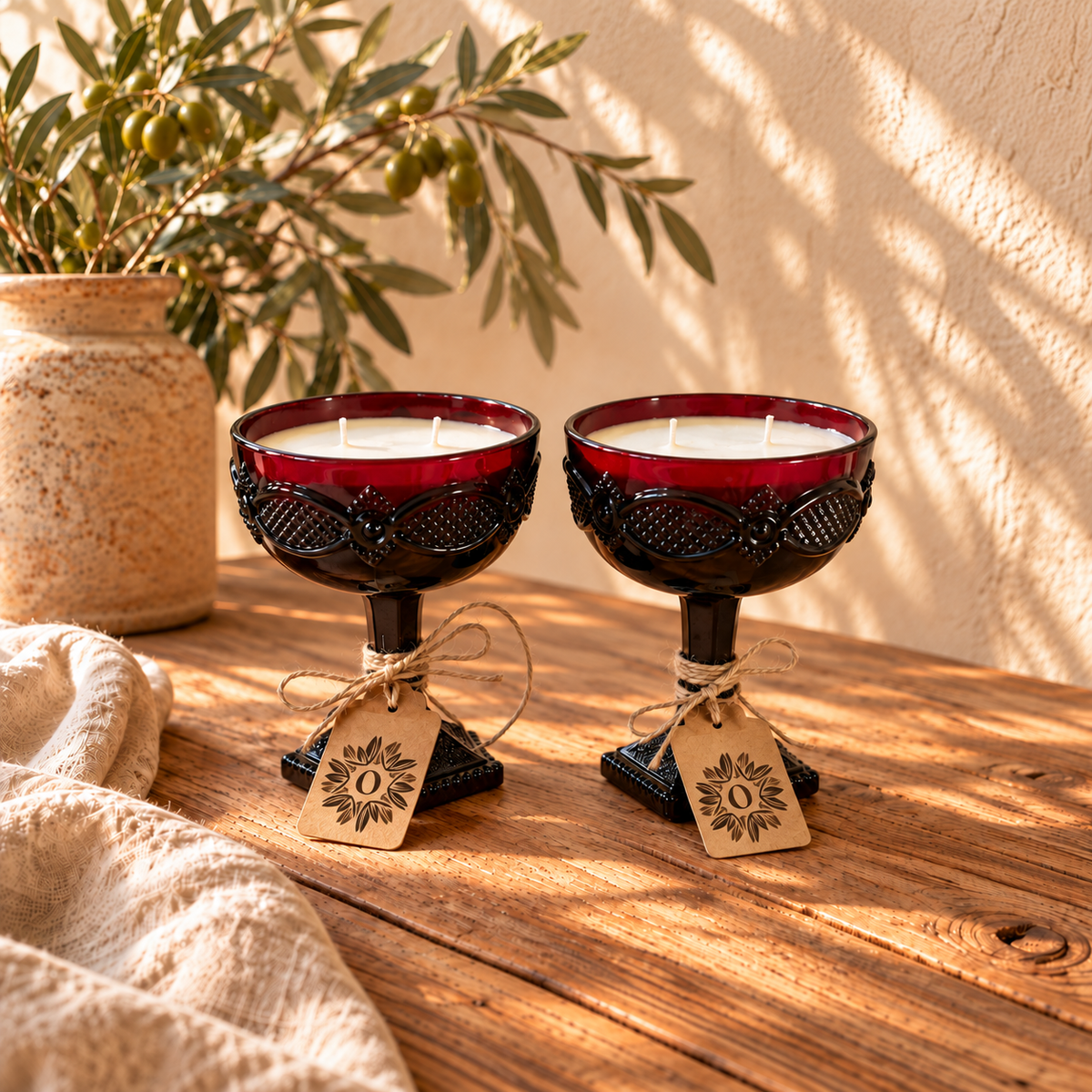 Pair Vintage Avon Ruby Red Glass Goblet Candles | Pine & Patchouli | 5.5oz each