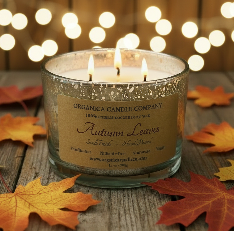 Autumn Leaves - 14 oz Mercury Glass -Triple Wick & Lid