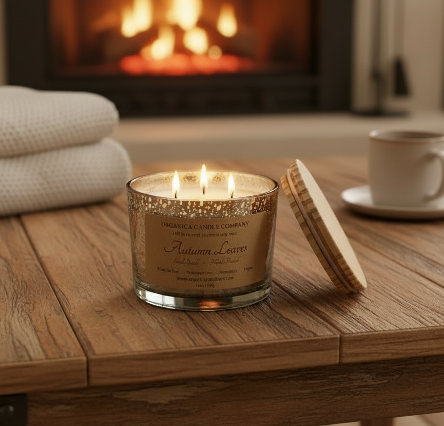 Autumn Leaves - 14 oz Mercury Glass -Triple Wick & Lid