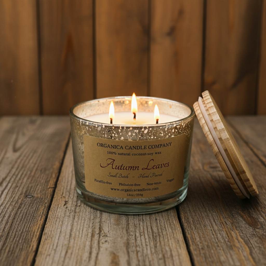 Autumn Leaves - 14 oz Mercury Glass -Triple Wick & Lid