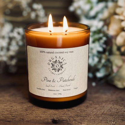 Pine & Patchouli - Apothecary Glass w/ Double Wick & Wood Lid - 12 oz