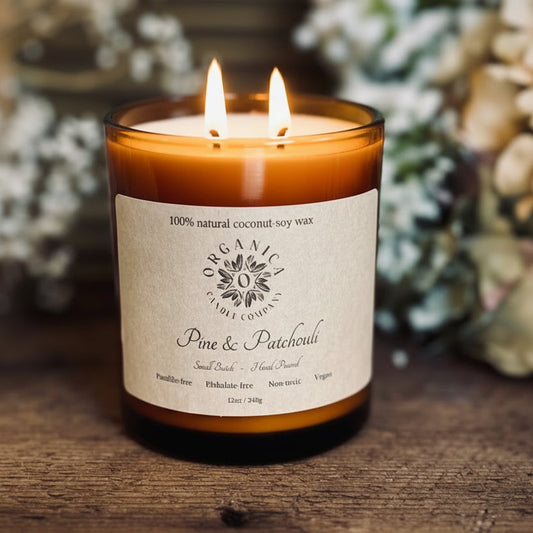 Pine & Patchouli - Apothecary Glass w/ Double Wick & Wood Lid - 12 oz