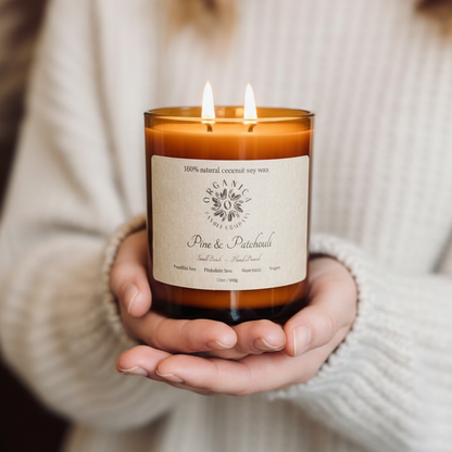 Pine & Patchouli - Apothecary Glass w/ Double Wick & Wood Lid - 12 oz