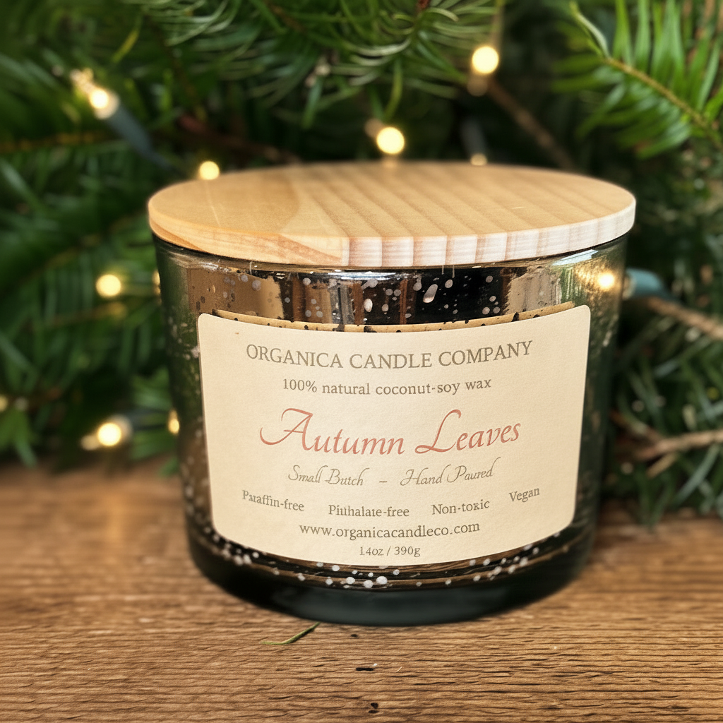 Autumn Leaves - 14 oz Mercury Glass -Triple Wick & Lid