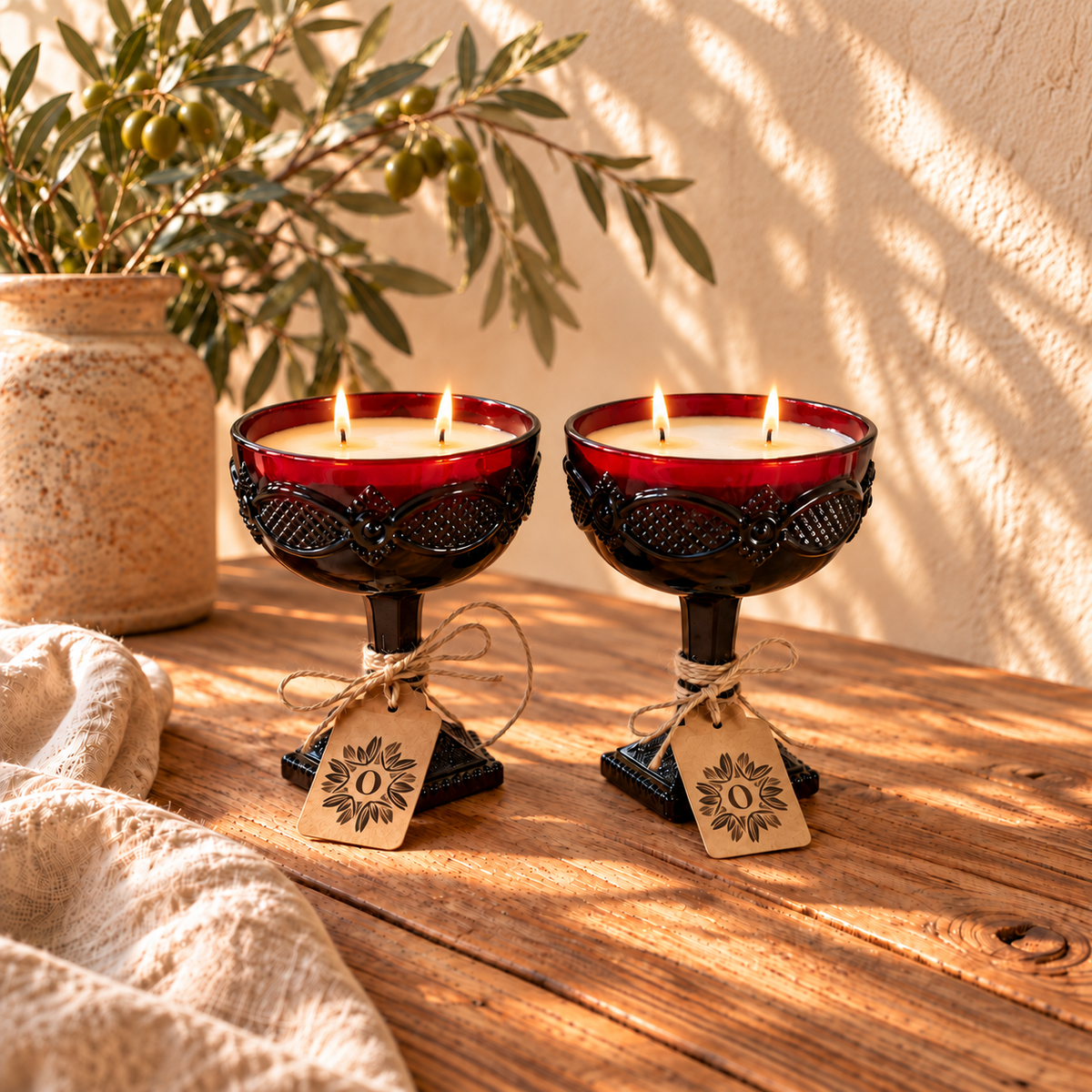Pair Vintage Avon Ruby Red Glass Goblet Candles | Pine & Patchouli | 5.5oz each