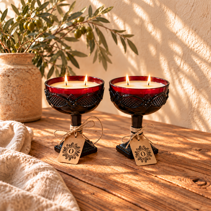Pair Vintage Avon Ruby Red Glass Goblet Candles | Pine & Patchouli | 5.5oz each