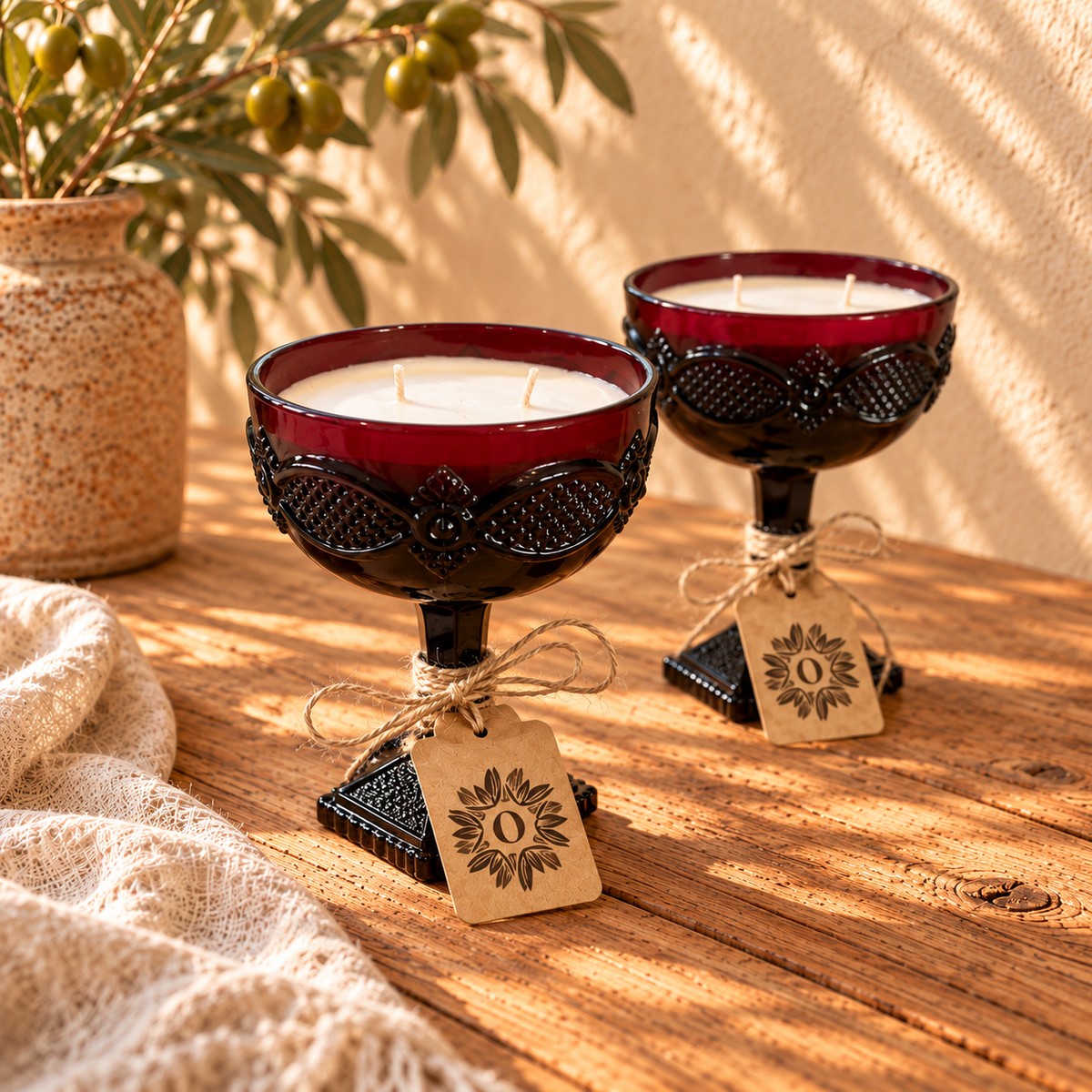 Pair Vintage Avon Ruby Red Glass Goblet Candles | Pine & Patchouli | 5.5oz each