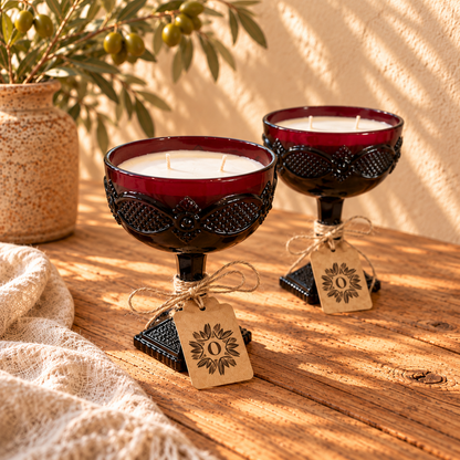 Pair Vintage Avon Ruby Red Glass Goblet Candles | Pine & Patchouli | 5.5oz each