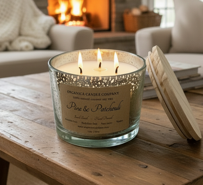 Pine & Patchouli - Mercury Glass w/ Triple Wick & Wood Lid - 14 oz