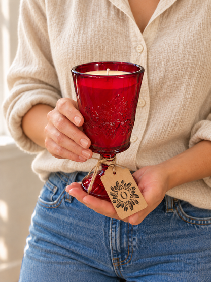 Vintage Ruby Red Glass 1950s Goblet Candle | Vanilla & Oak