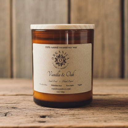 Vanilla & Oak - Apothecary Glass w/ Double Wick & Wood Lid - 12 oz