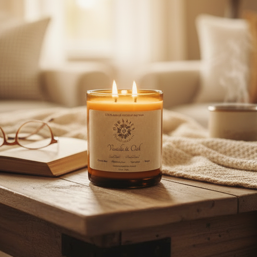 Vanilla & Oak - Apothecary Glass w/ Double Wick & Wood Lid - 12 oz