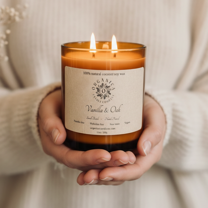 Vanilla & Oak - Apothecary Glass w/ Double Wick & Wood Lid - 12 oz