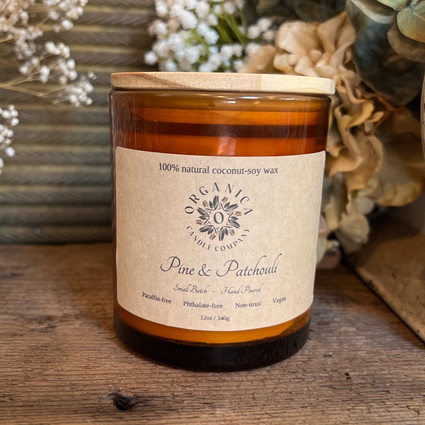 Pine & Patchouli - Apothecary Glass w/ Double Wick & Wood Lid - 12 oz