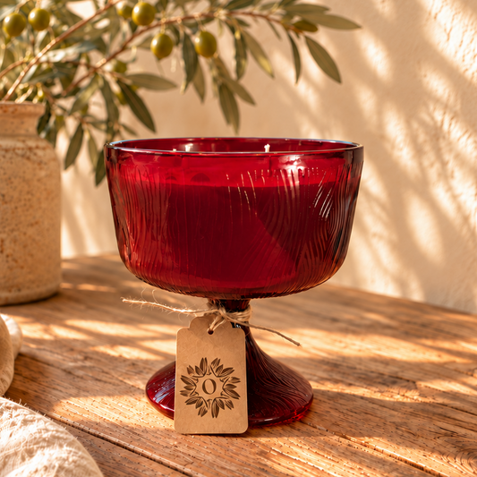 Vintage Mid Century Ruby Red Hoosier Glass Compote Candle | Vanilla & Oak | 13oz