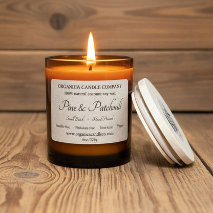 Pine & Patchouli - Apothecary Glass & Wood Lid - 8 oz