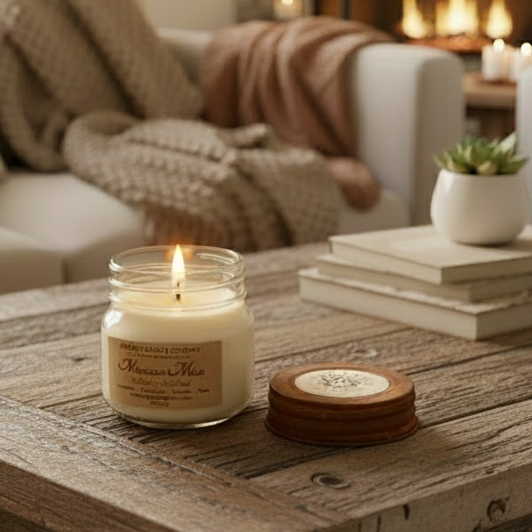 Candle w/ flame in cozy room