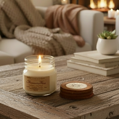 Candle w/ flame in cozy room