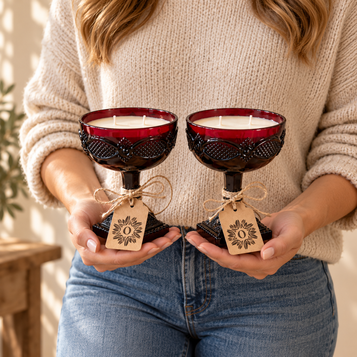 Pair Vintage Avon Ruby Red Glass Goblet Candles | Pine & Patchouli | 5.5oz each