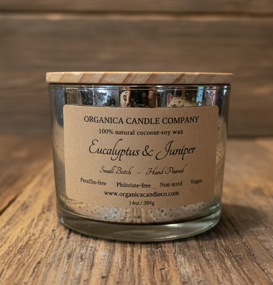 Eucalyptus & Juniper - Mercury Glass w/ Triple wicks & Wood Lid - 14 oz