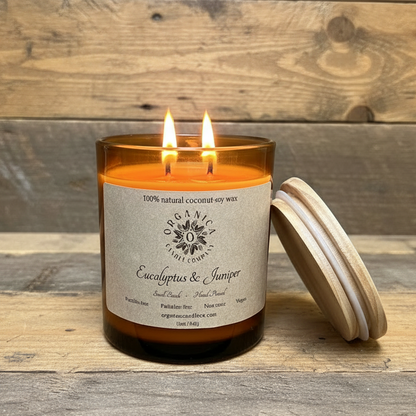 Eucalyptus & Juniper - Apothecary Glass w/ Double Wick & Wood Lid - 12 oz